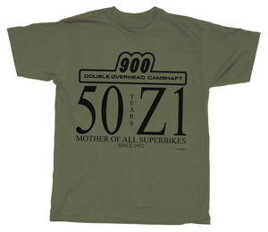 The olive-green "50 YEARS Z1" anniversary t-shirt